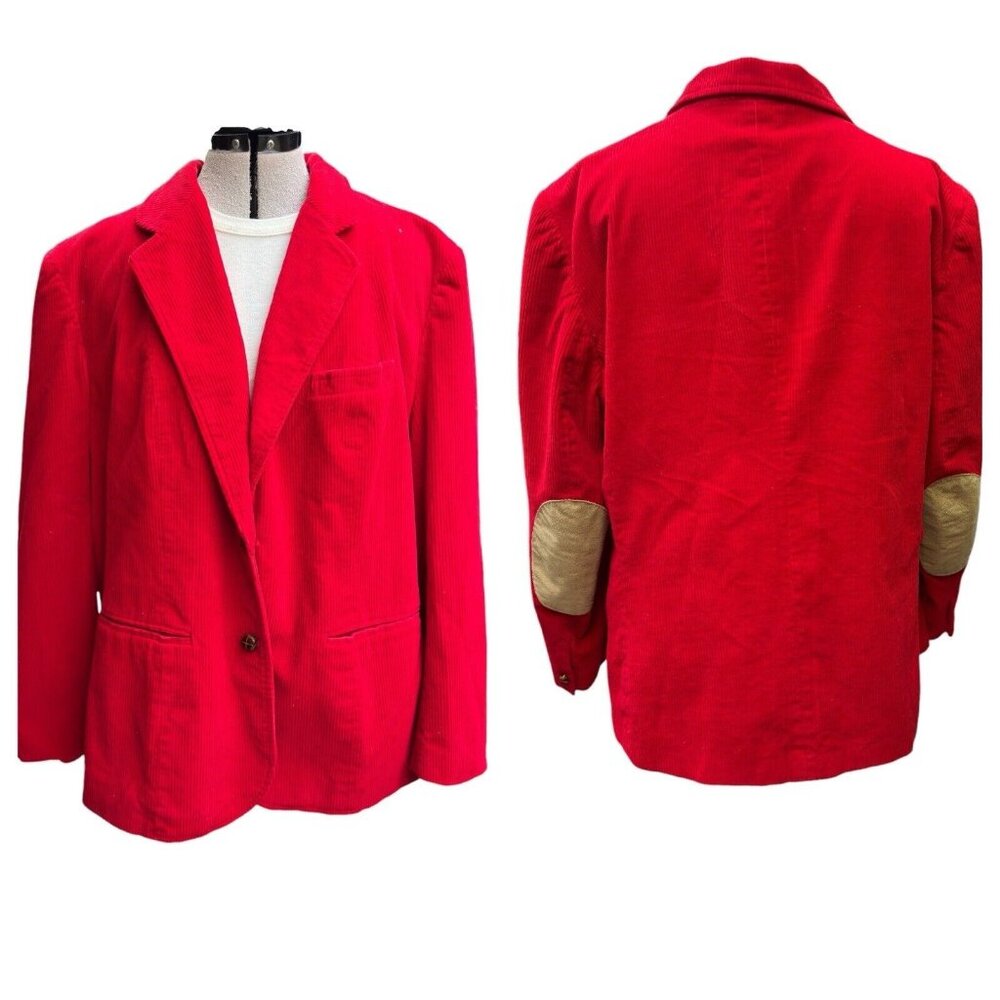 Vintage Red Corduroy Blazer With Beige Patch Sleeves, 2 Button, Size 44